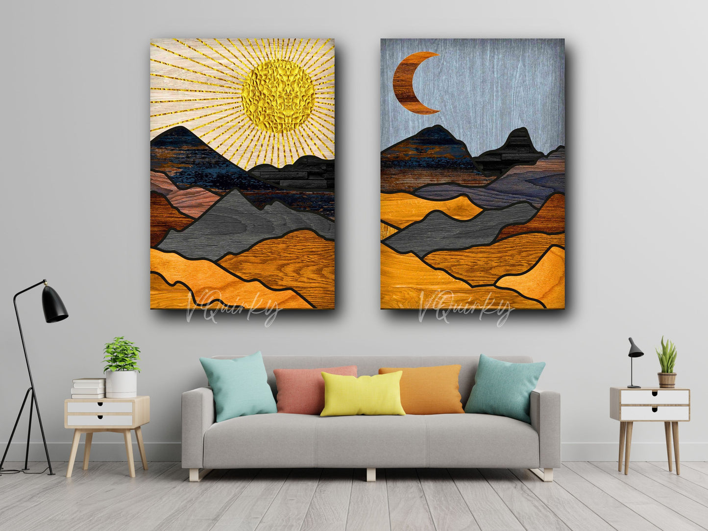 Boho Mountains Sun & Moon - Set Of 2 Canvas Painting