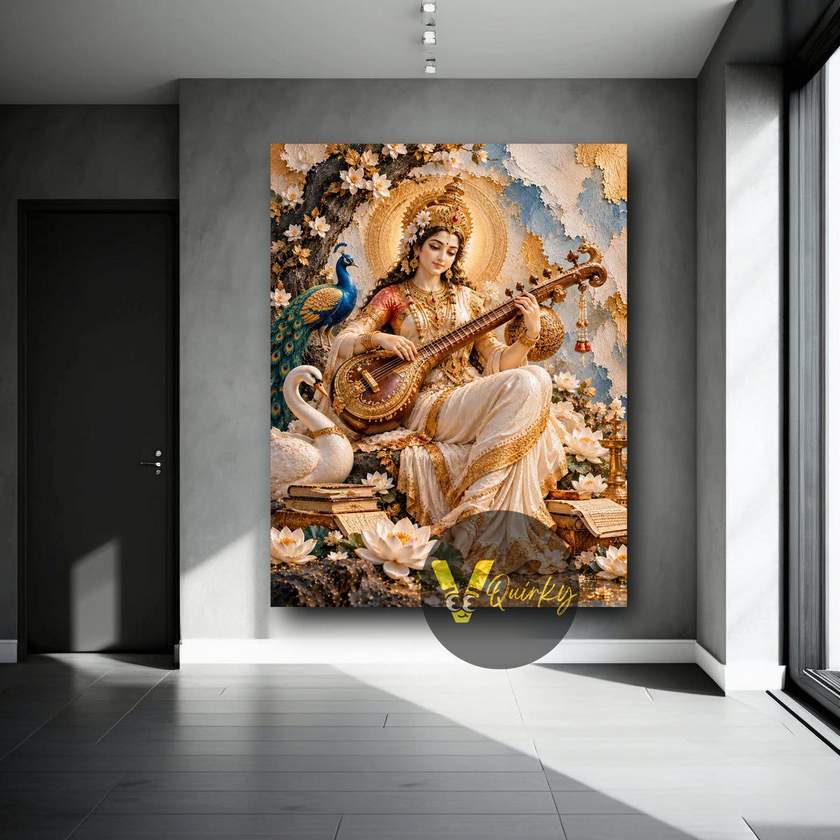 Saraswati Ji with Veena, Swan, and Peacock 3D Vertical Canvas Painting