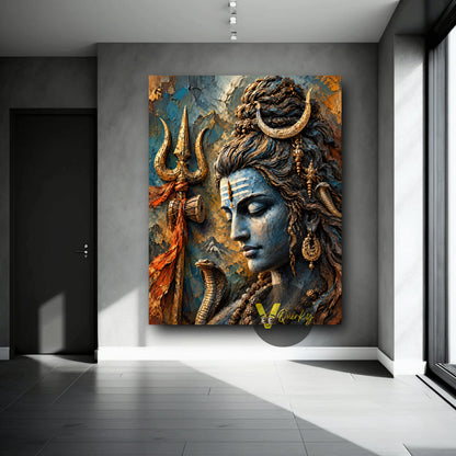 Textured Lord Shiva with Trident  3D Vertical Canvas Painting