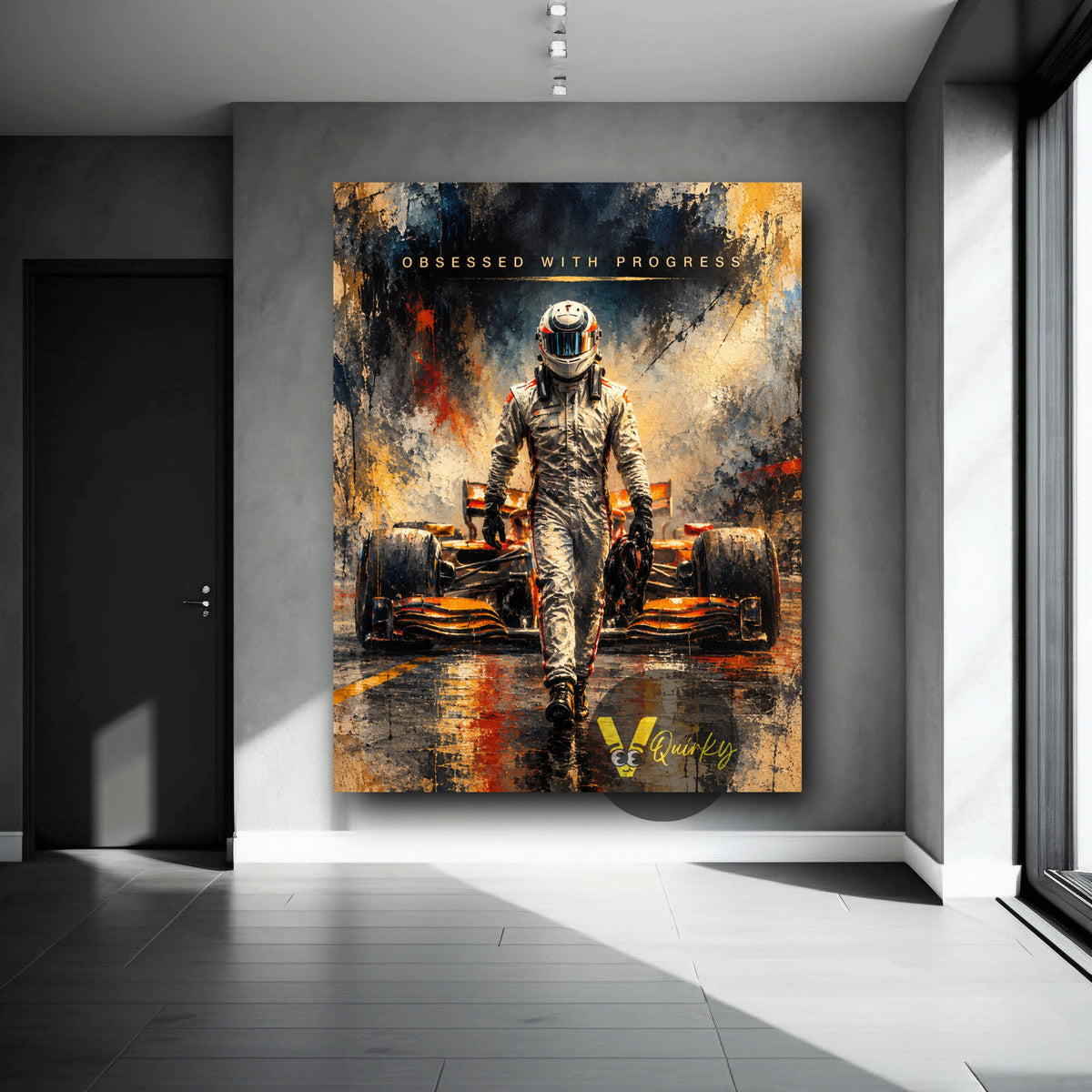 Obsessed with Progress F1 Racer Vertical Canvas Painting