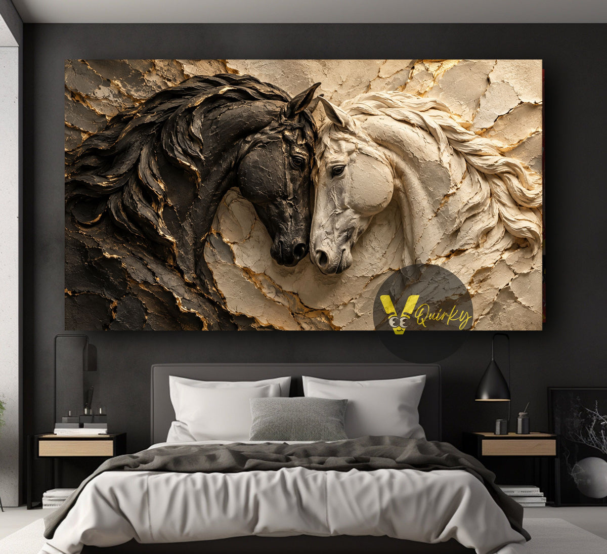 Black and White Horse 3D Horizontal Canvas Painting