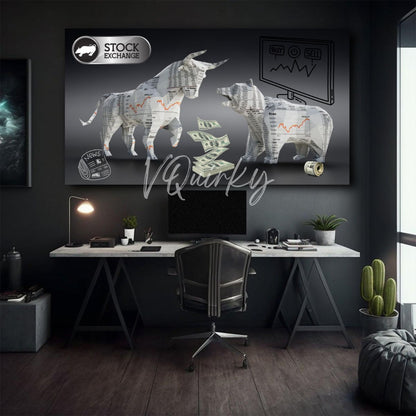Bear And Bull H3 Stock Market Canvas Painting