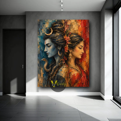 Shiva and Parvati Ji Textured  Vertical Canvas Painting