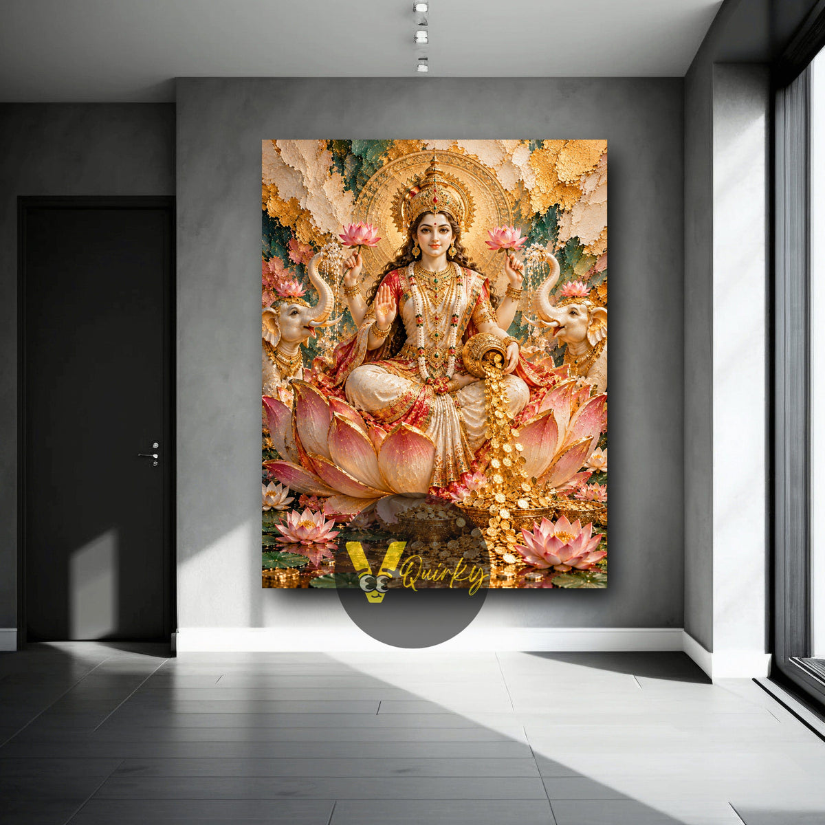 Golden Lakshmi Ji on Lotus 3D Vertical Canvas Painting