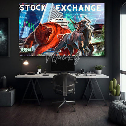 Bear And Bull H4 Stock Market Trading Canvas Painting