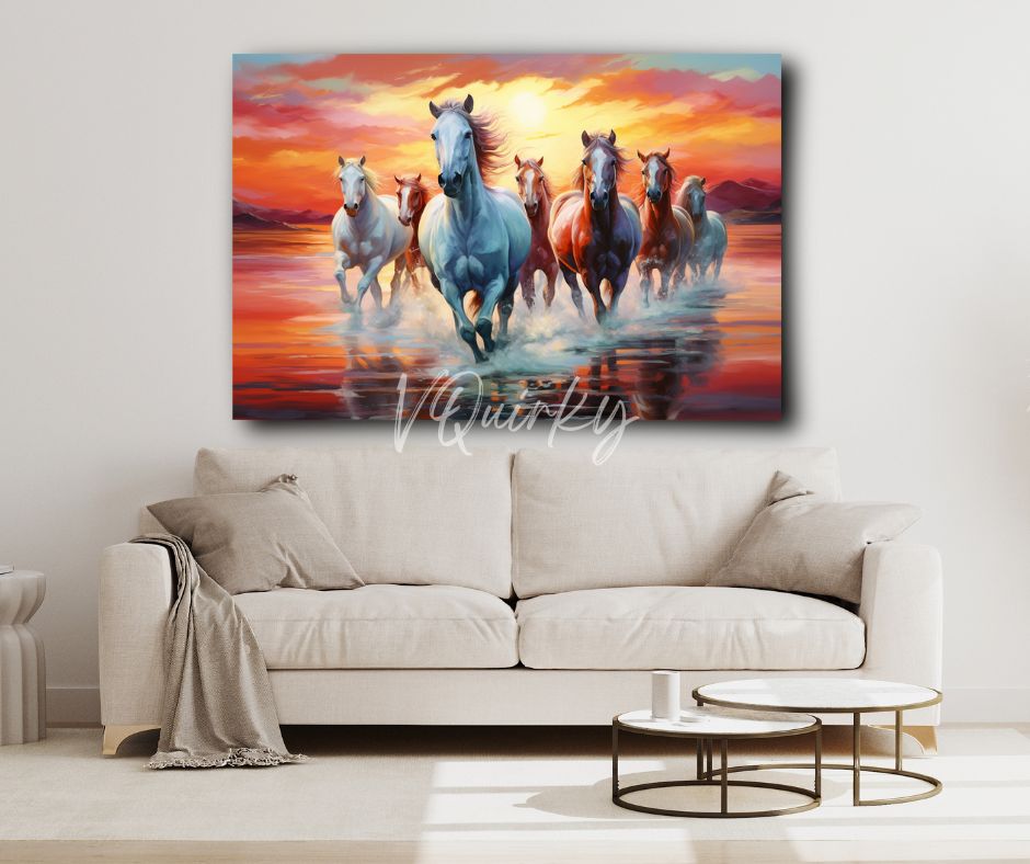 Seven Horses Running on Water Vastu Canvas Painting