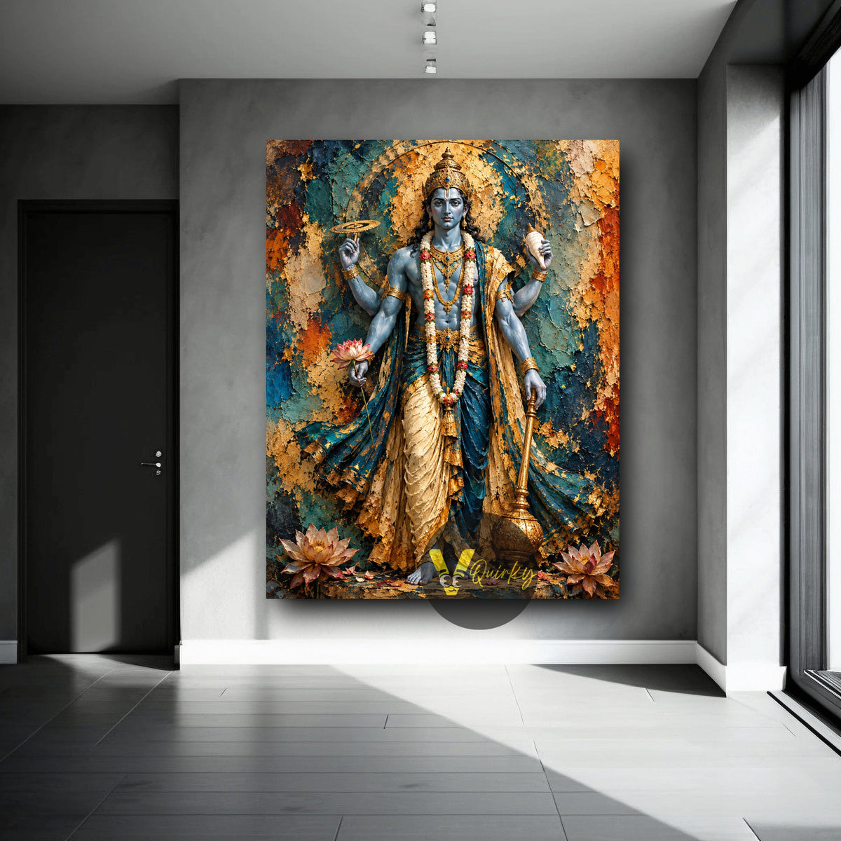 Textured Four-Armed Vishnu Ji with Sacred Symbols 3D Vertical Canvas Painting (Copy)