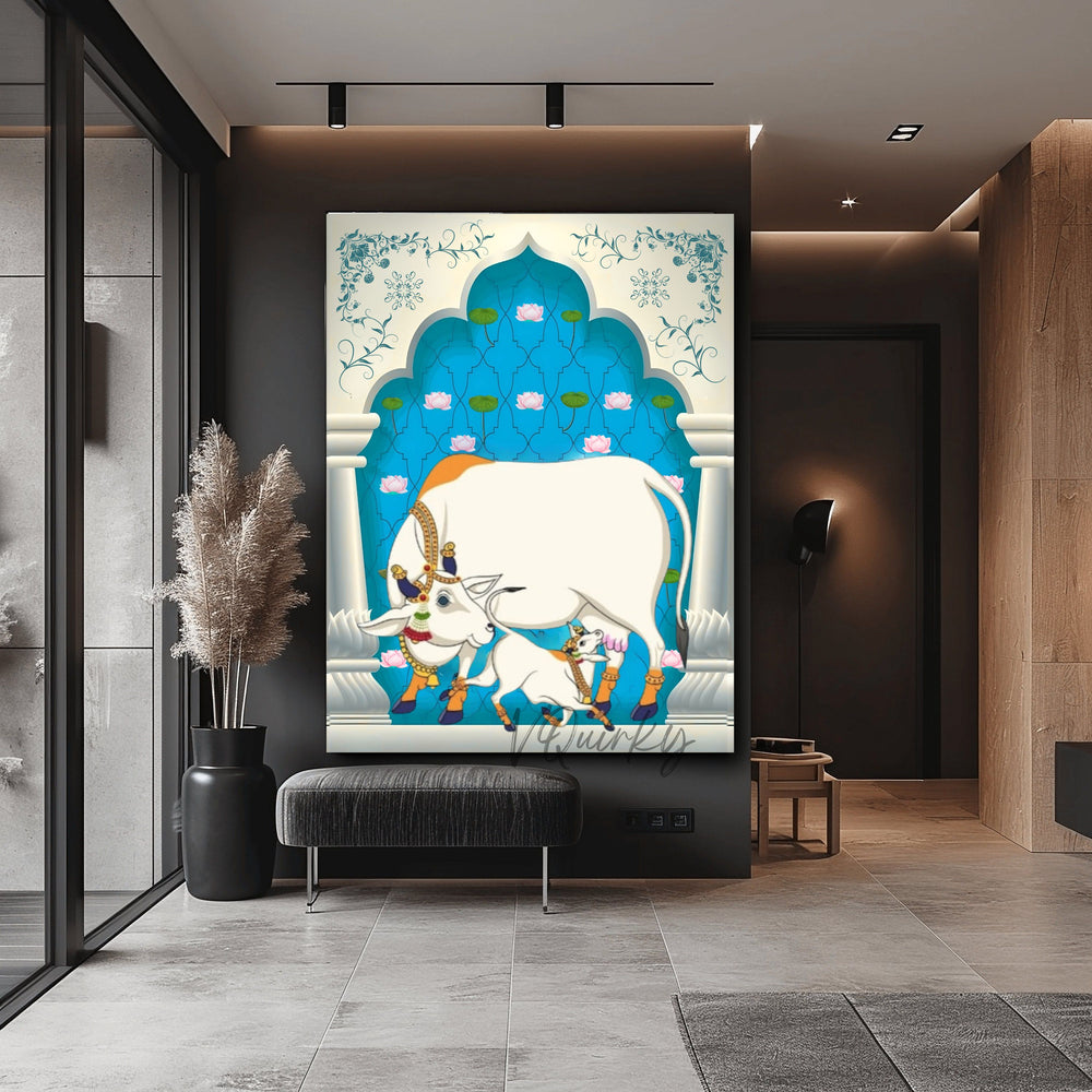 Vertical Pichwai Cow and Lotus  Canvas Painting