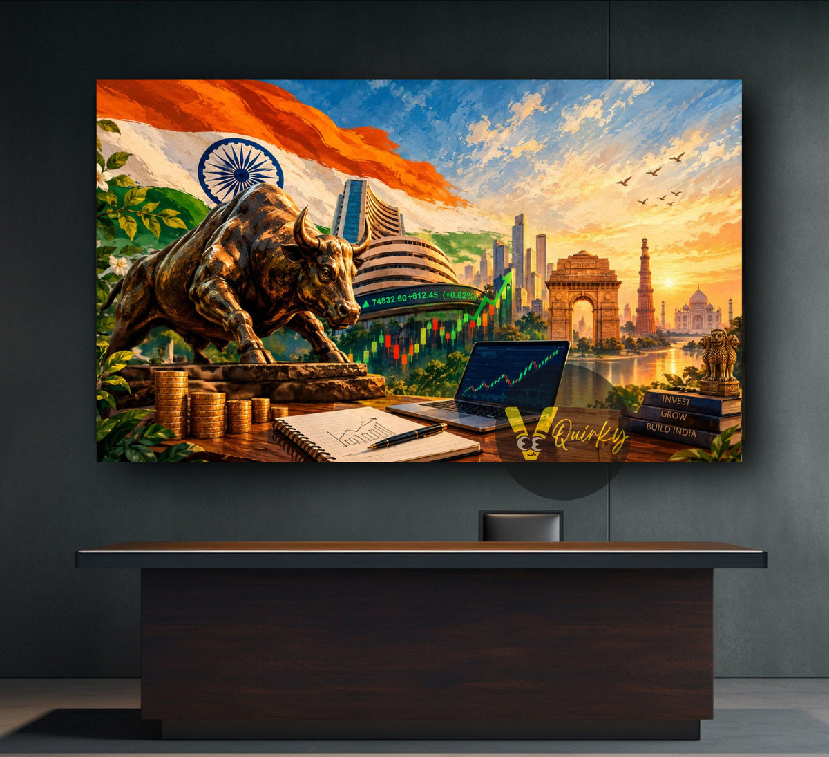 India Bull Horizontal Stock Market Investing Canvas Painting