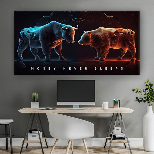 Bull vs Bear Money Never Sleep Horizontal Stock Market Trading Canvas Painting