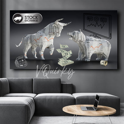 Bear And Bull H3 Stock Market Canvas Painting
