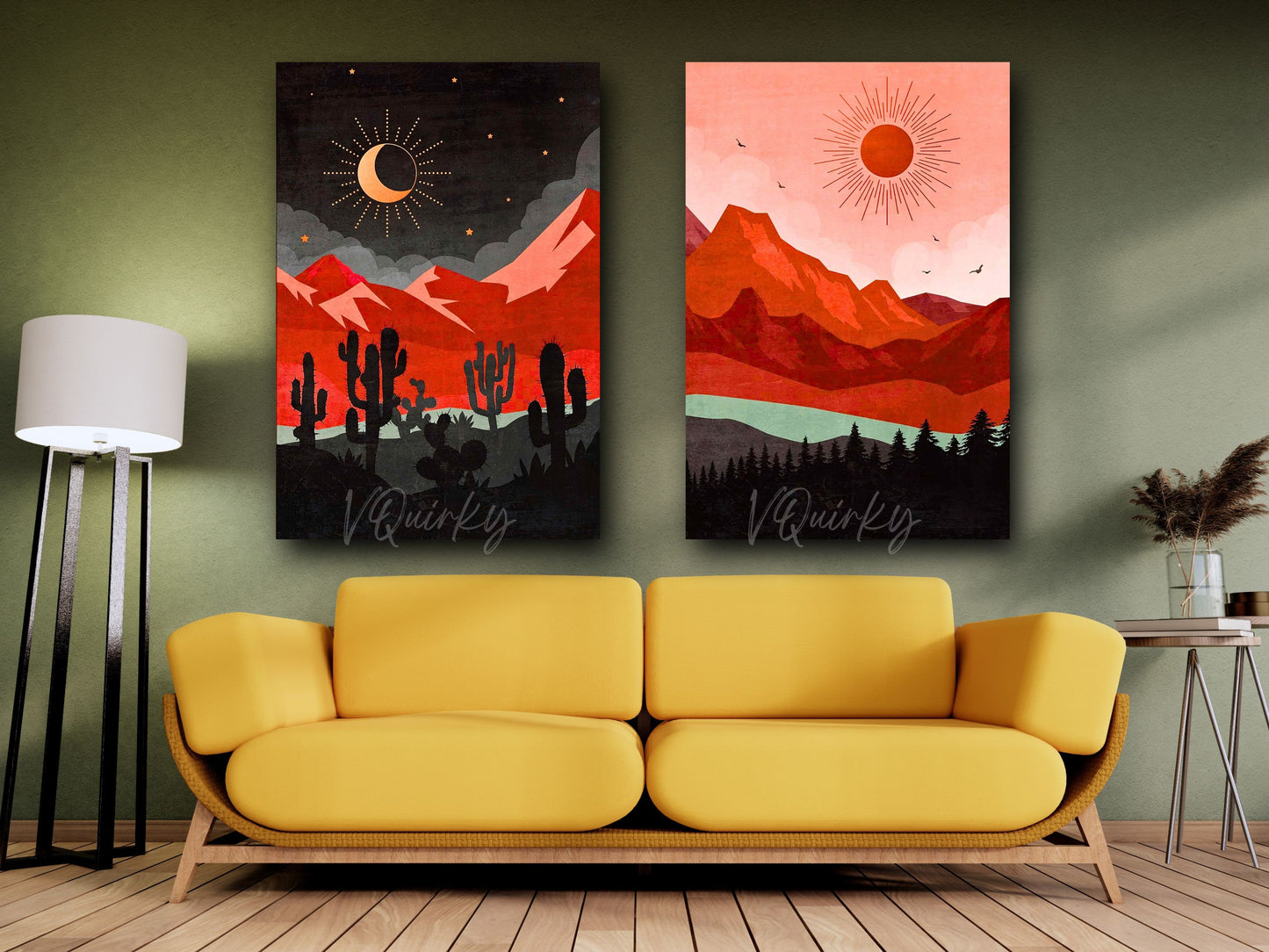 Vibrant Boho Sun & Moon - Set Of 2 Canvas Painting