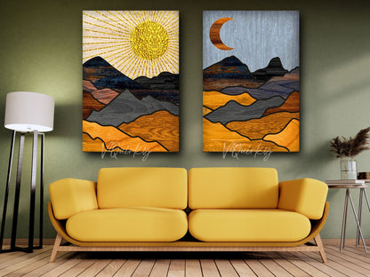 Boho Mountains Sun & Moon - Set Of 2 Canvas Painting