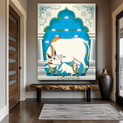 Vertical Pichwai Cow and Lotus  Canvas Painting