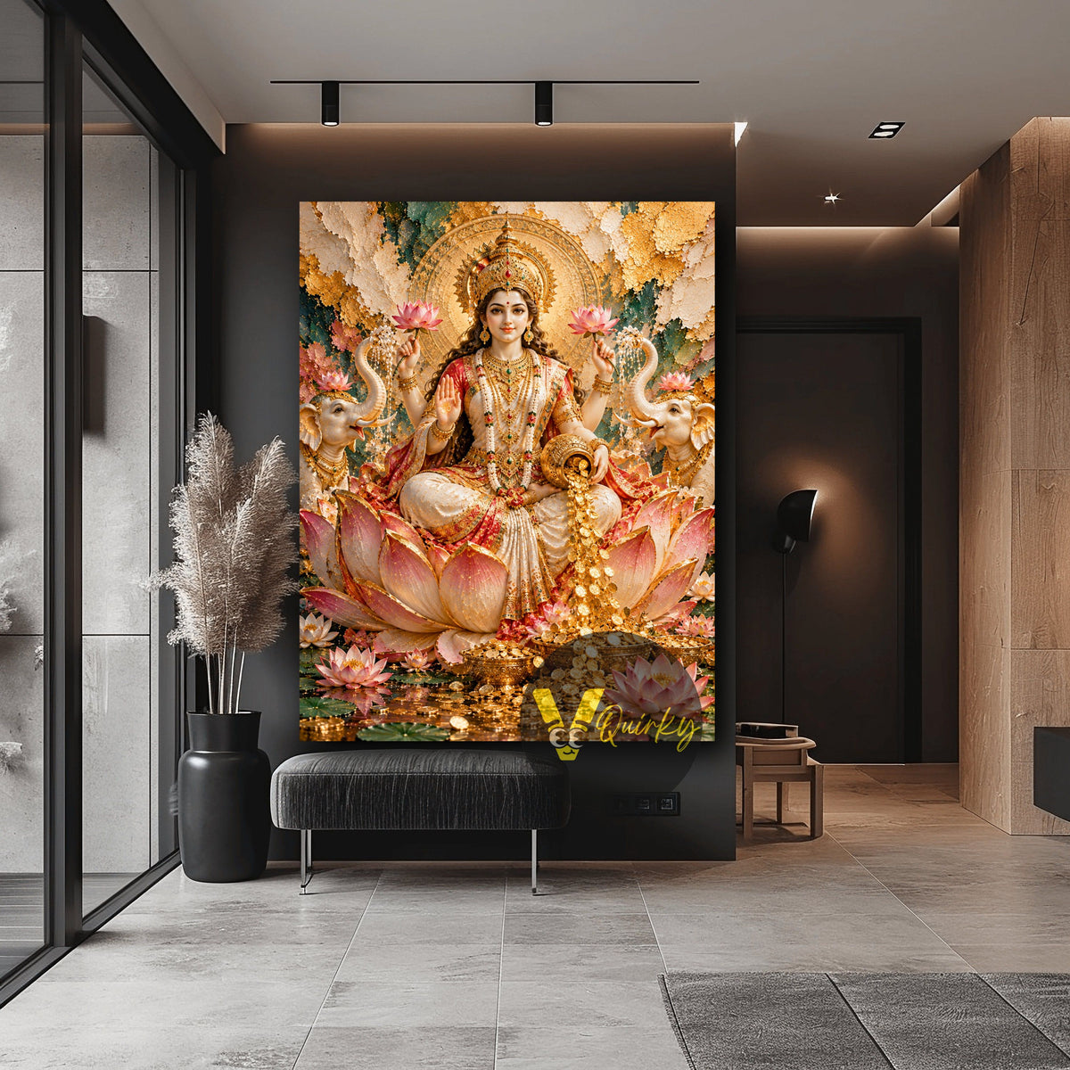 Golden Lakshmi Ji on Lotus 3D Vertical Canvas Painting