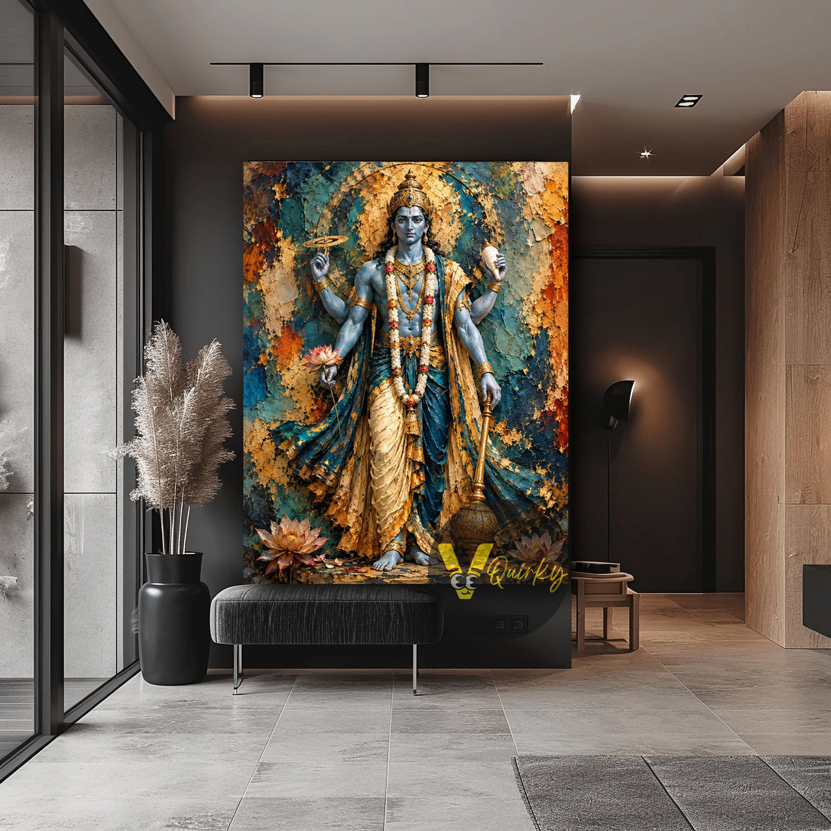 Textured Four-Armed Vishnu Ji with Sacred Symbols 3D Vertical Canvas Painting (Copy)