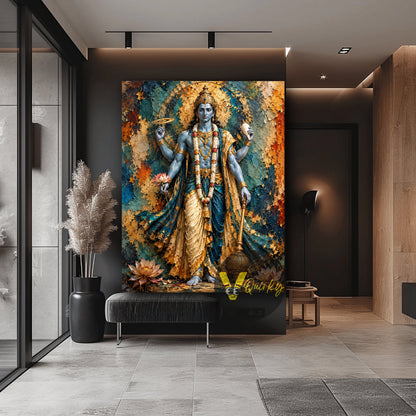 Textured Four-Armed Vishnu Ji with Sacred Symbols 3D Vertical Canvas Painting (Copy)