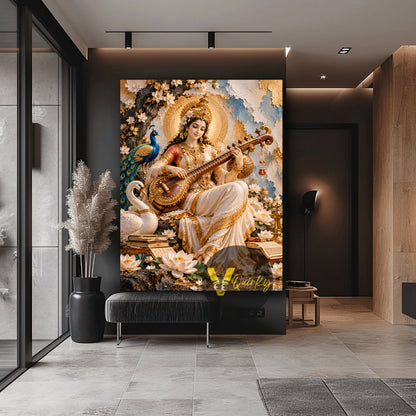 Saraswati Ji with Veena, Swan, and Peacock 3D Vertical Canvas Painting