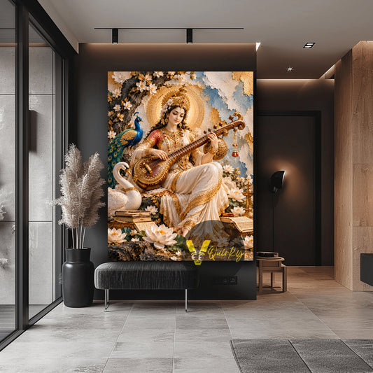 Saraswati Ji with Veena, Swan, and Peacock 3D canvas wall art by VQuirky