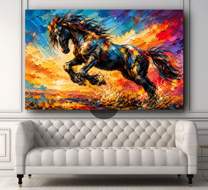 Black Horse Colorful Abstract Horizontal Canvas Painting