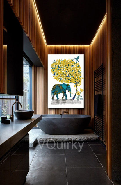 Madhubani Yellow Elephant Canvas Painting