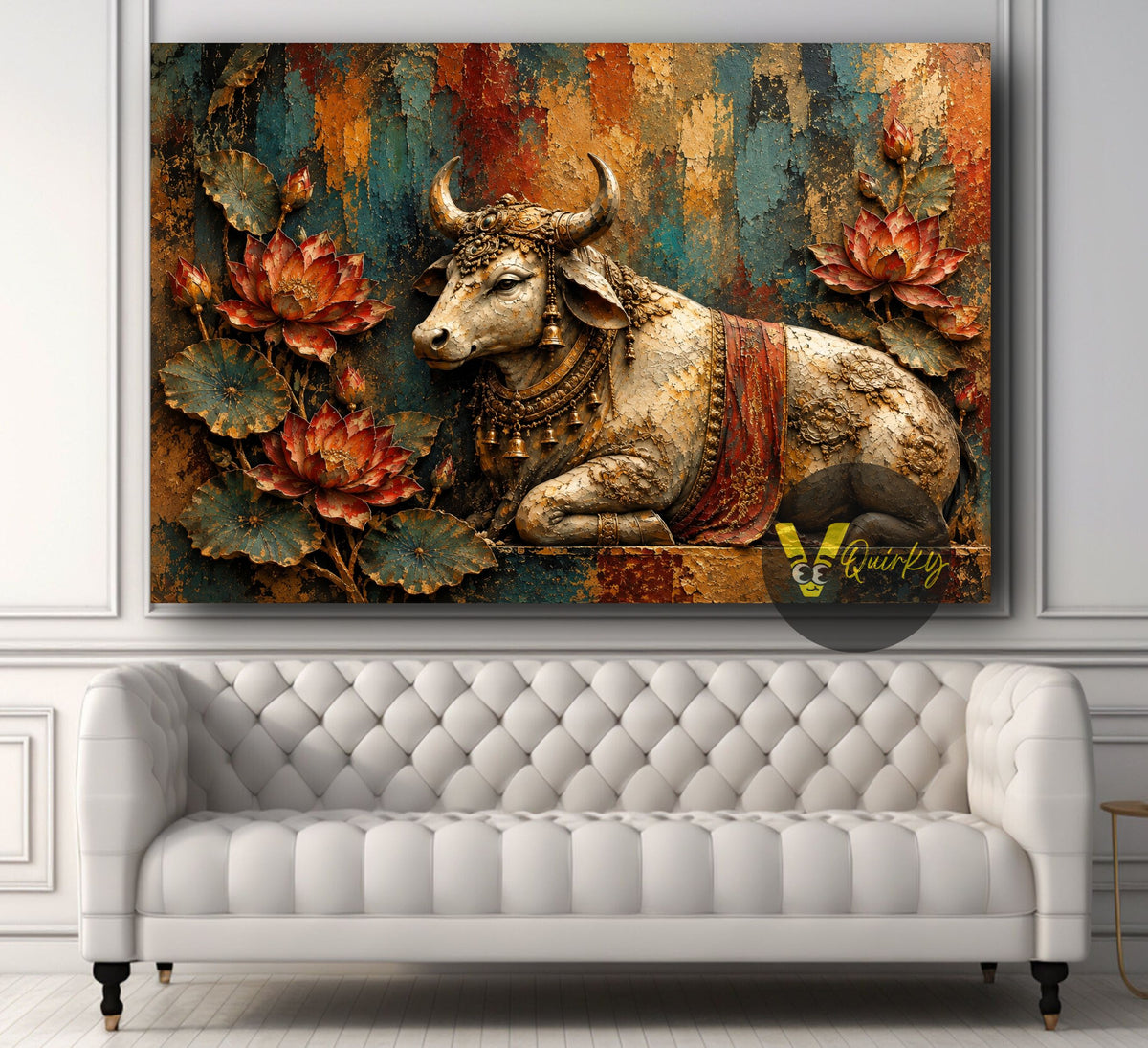Ornate Nandi Amid Textured Lotuses Landscape 3D Canvas Painting