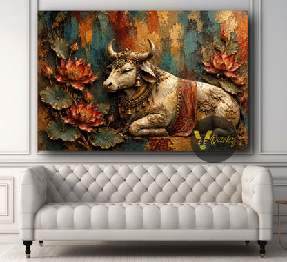 Ornate Nandi Amid Textured Lotuses Landscape 3D Canvas Painting