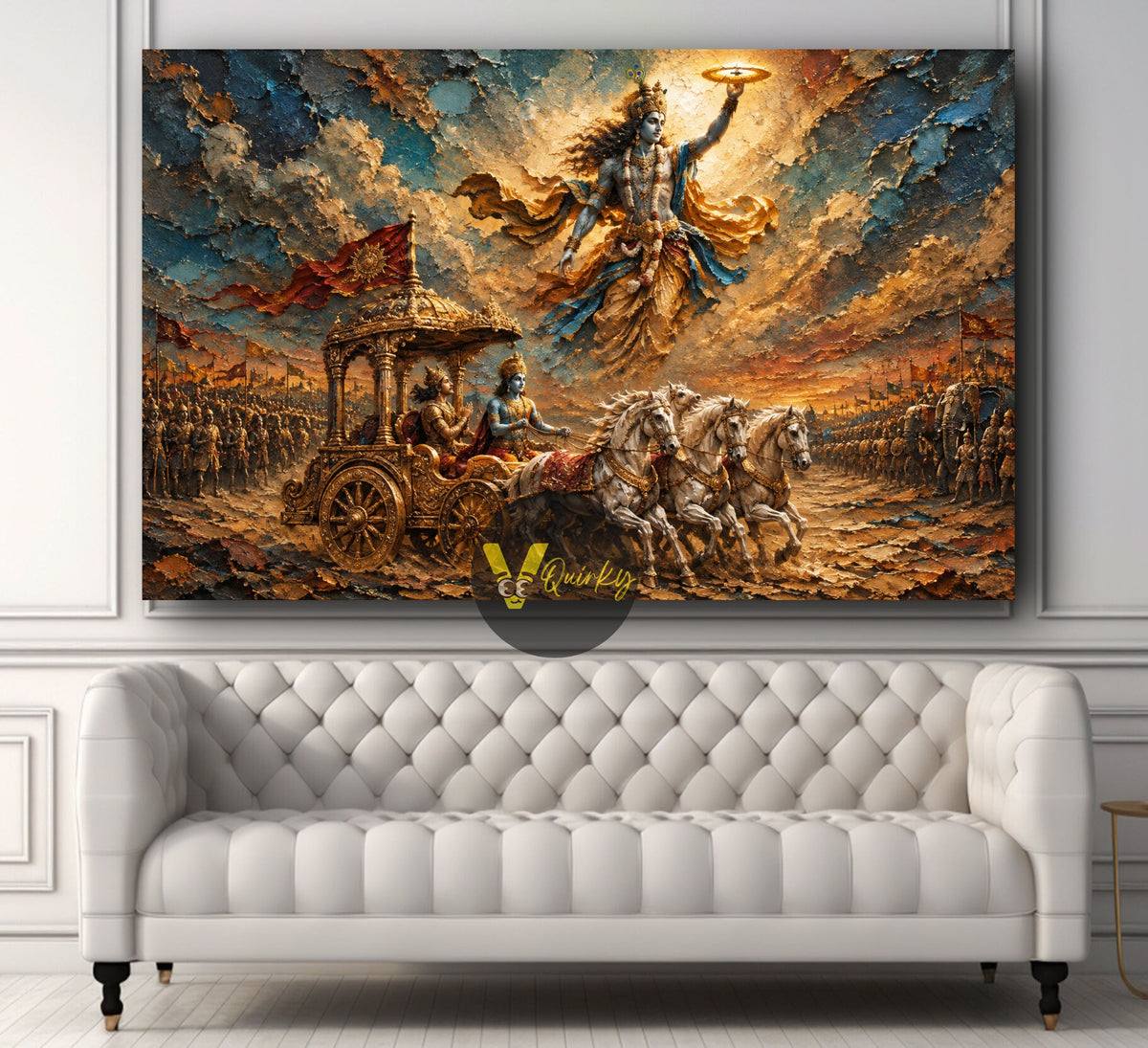 Krishna and Arjuna Mahabharat Battlefield 3D Horizontal Canvas Painting