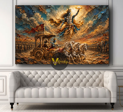 Krishna and Arjuna Mahabharat Battlefield 3D Horizontal Canvas Painting