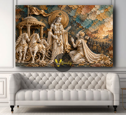 Krishna and Arjuna Mahabharat Marble 3D Horizontal Canvas Painting