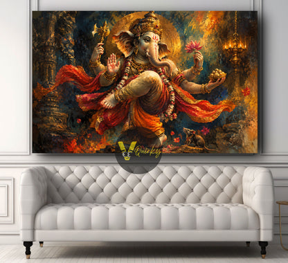 Dancing Ganesh Ji in Temple Light Horizontal Canvas Painting