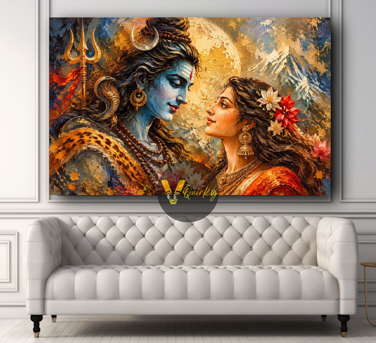 Shiva and Parvati Beneath the Mystic Moon Horizontal Canvas Painting