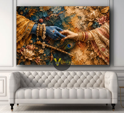Krishna and Radha Ji Devotional Hands  3D Horizontal Canvas Painting