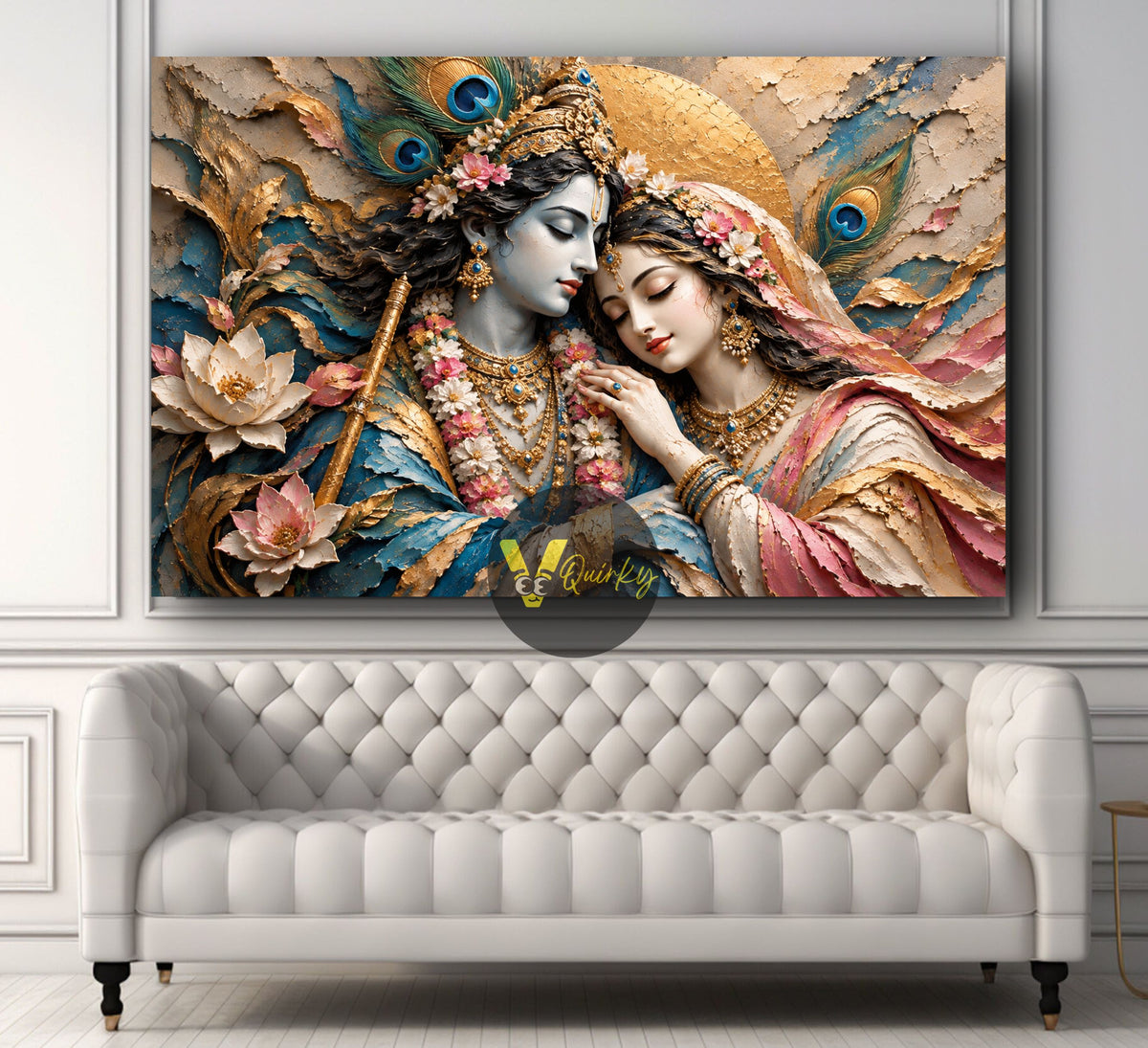 Krishna and Radha JI in Golden 3D Horizontal Canvas Painting