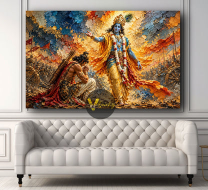 Krishna’s Wisdom on the Mahabharat Battlefield 3D Horizontal Canvas Painting