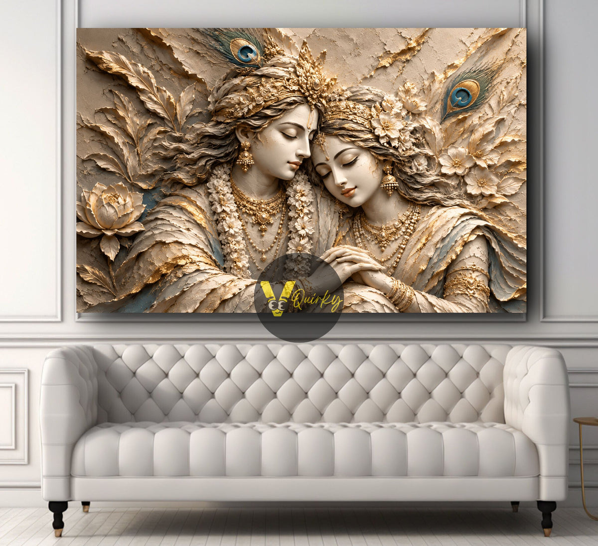 Krishna and Radha Ji In Ivory and Gold 3D Horizontal Canvas Painting