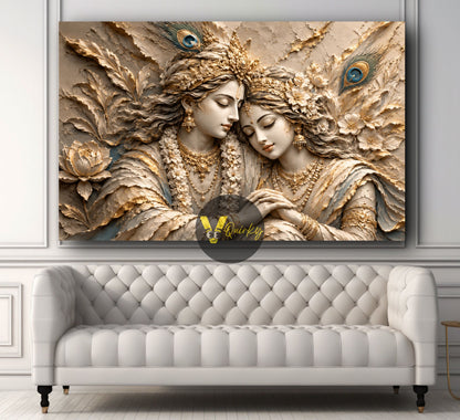 Krishna and Radha Ji In Ivory and Gold 3D Horizontal Canvas Painting