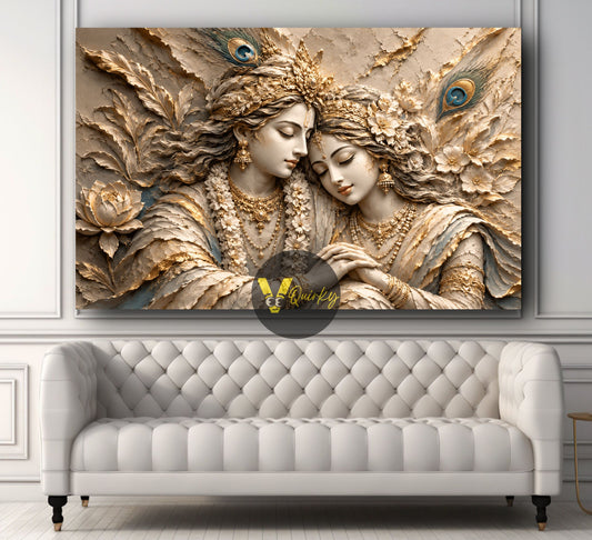 Ivory and gold Radha Krishna 3D-style horizontal canvas painting by Vquirky