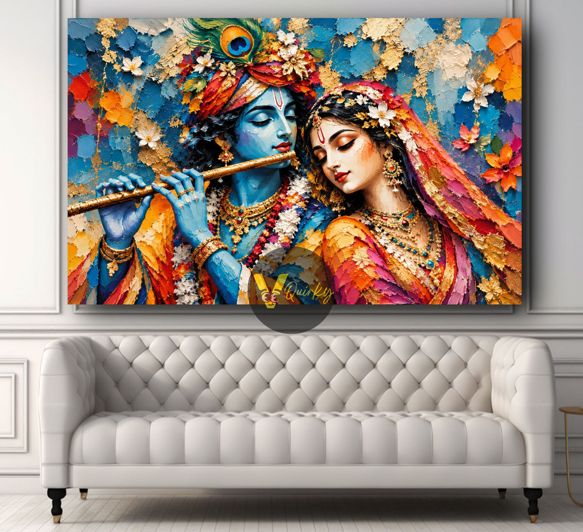 Krishna and Radha Ji in Textured Devotion 3D Horizontal Canvas Painting