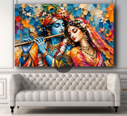 Krishna and Radha Ji in Textured Devotion 3D Horizontal Canvas Painting