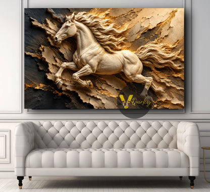 Golden Horse Through Shattered Stone 3D Horizontal Canvas Painting