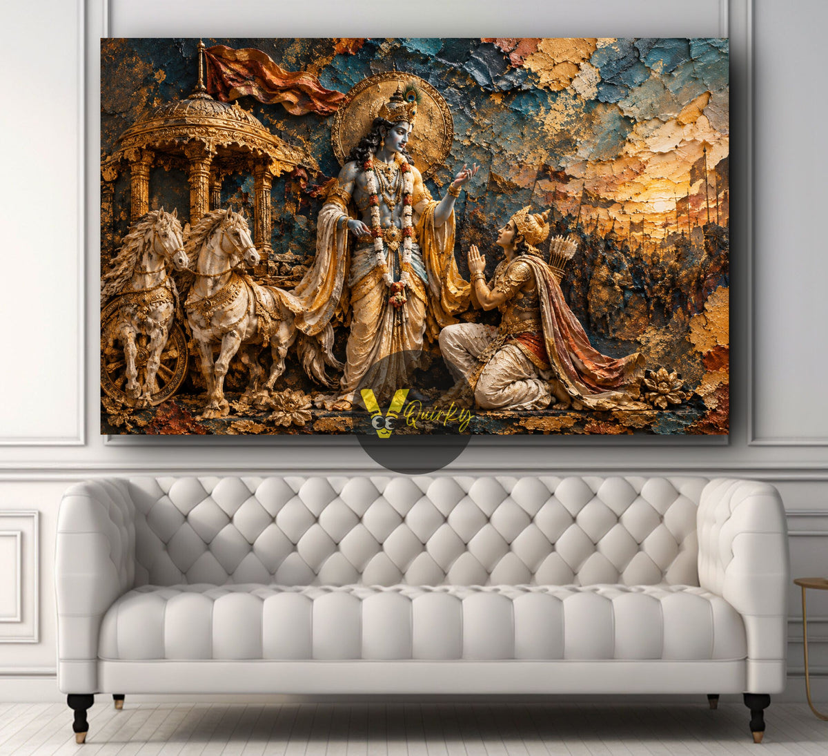 Krishna and Arjuna Mahabharat Battlefield Horizontal Canvas Painting