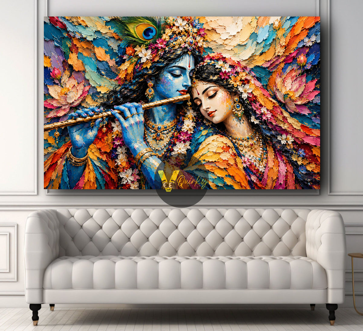 Krishna and Radha Ji in Devotional 3D Horizontal Canvas Painting