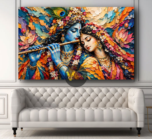 Radha Krishna devotional 3D-style canvas wall painting in horizontal format by Vquirky