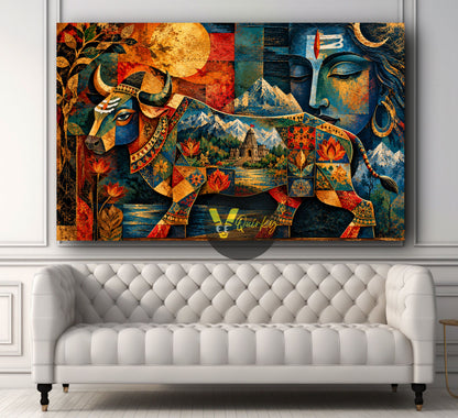 Sacred Nandi and Shiva Mosaic Landscape 3D Canvas Painting