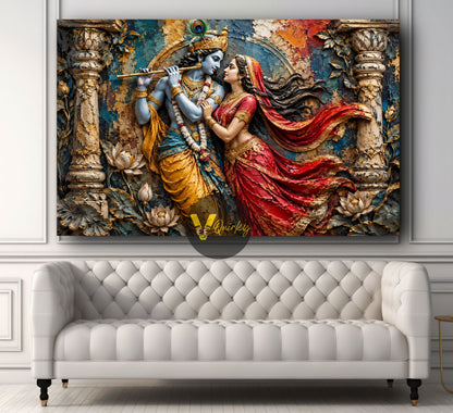 Krishna and Radha in Temple 3D Horizontal Canvas Painting
