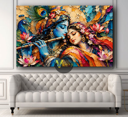 Krishna and Radha Ji in Golden 3D Horizontal Canvas Painting