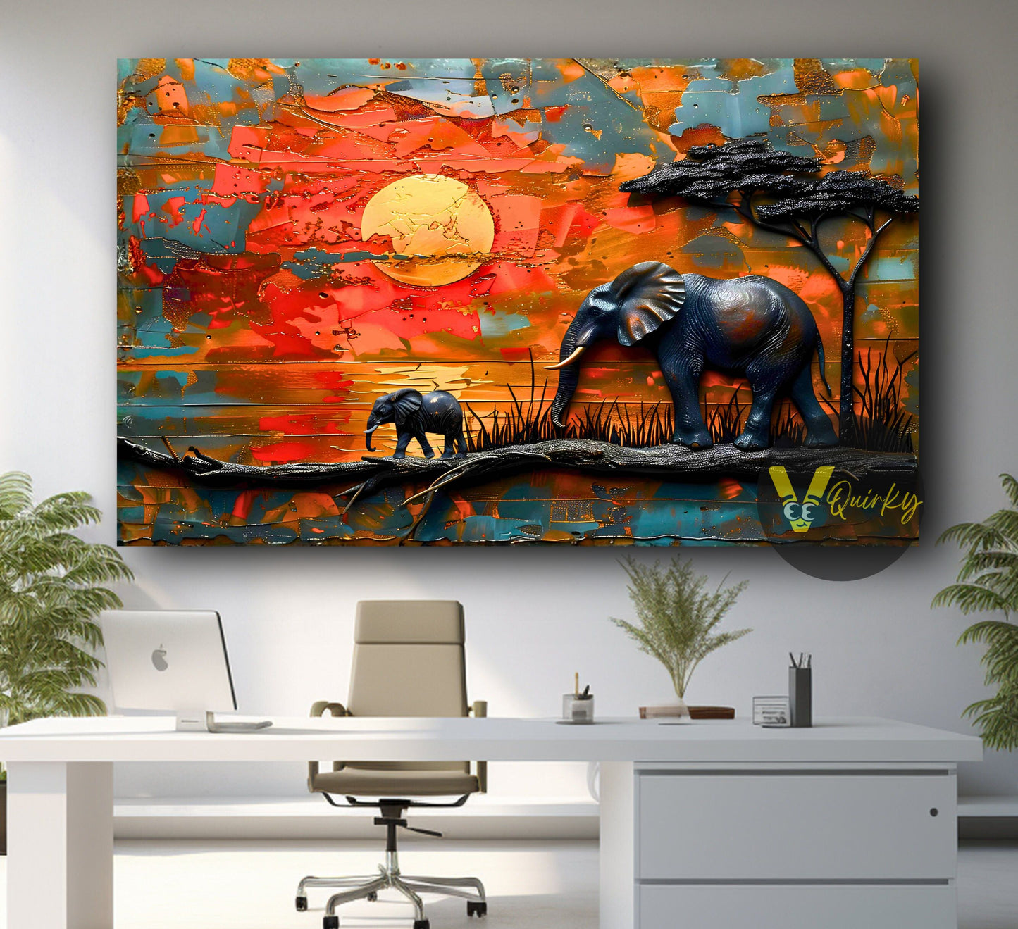 Abstract elephant family sunset framed canvas wall art print for living room decor