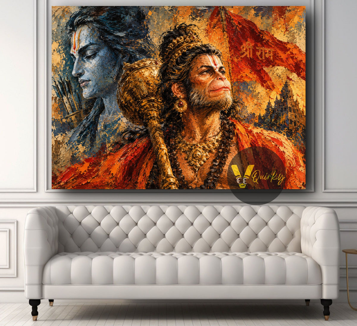 Hanuman Ji and Ram Ji in Devotional Impasto Horizontal Canvas Painting