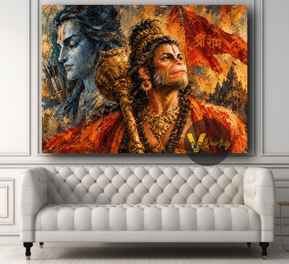 Hanuman Ji and Ram Ji in Devotional Impasto Horizontal Canvas Painting